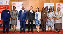 Dr Mary Brantuo, WHO Namibia Officer-in-Charge. Hon Dr. Kalumbi Shangula, Minister of Health and Social Services and H.E.  Hisao Nishimaki, the Ambassador of the Government of Japan to Namibia and Dr. Qingyun Diao, FAO Representative in Namibia with the governors from 4 of the beneficiary regions of Khomas, Kavango East, Kavango West and Ohangwena. 