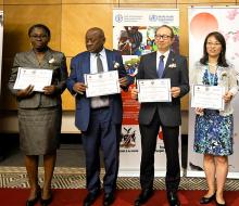 Dr Mary Brantuo, WHO Namibia Officer-in-Charge. Hon Dr. Kalumbi Shangula, Minister of Health and Social Services and H.E.  Hisao Nishimaki, the Ambassador of the Government of Japan to Namibia and Dr. Qingyun Diao, FAO Representative in Namibia