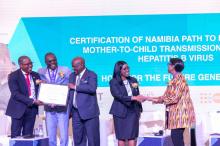 The Rt Hon Prime Minister of Namibia, Dr Saara Kuugongelwa-Amadhila receiving the PTE awards from the WHO Regional Director for Africa, Dr Dr Matshidiso Moeti. Witnessing the event are the Hon. Dr. Kalumbi Shangula, Minister of Health and Social Services, HE Dr Jean Kaseya, Director General of Africa CDC and Mr Ben Nangombe, Executive Director in the Ministry of Health and Social Services