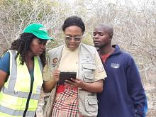 Anália with her colleagues during the demarcation of an Enumeration Area for the InCRÓNICAS Survey in Vilankulos.