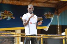 The MEDSAR President addressing crowds at the Nyabahinga Market