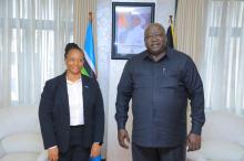 Dr Kasonde Mwinga, the newly appointed WHO Country Representative to Uganda, presenting her credentials to the Minister of State for Foreign Affairs, Hon. Henry Oryem Okello