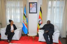 Dr Kasonde Mwinga, the newly appointed WHO Country Representative to Uganda, presenting her credentials to the Minister of State for Foreign Affairs, Hon. Henry Oryem Okello