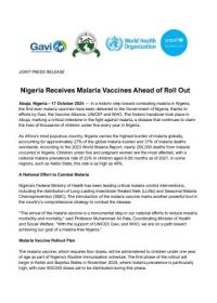 JOINT PRESS RELEASE    Nigeria Receives Malaria Vaccines Ahead of Roll Out